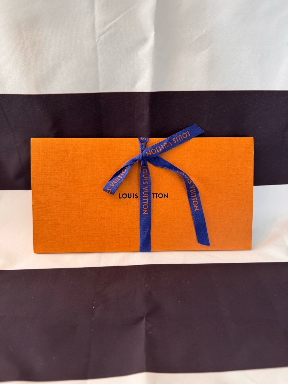 Louis Vuitton Orange Envelope Box with Blue Logo Ribbon